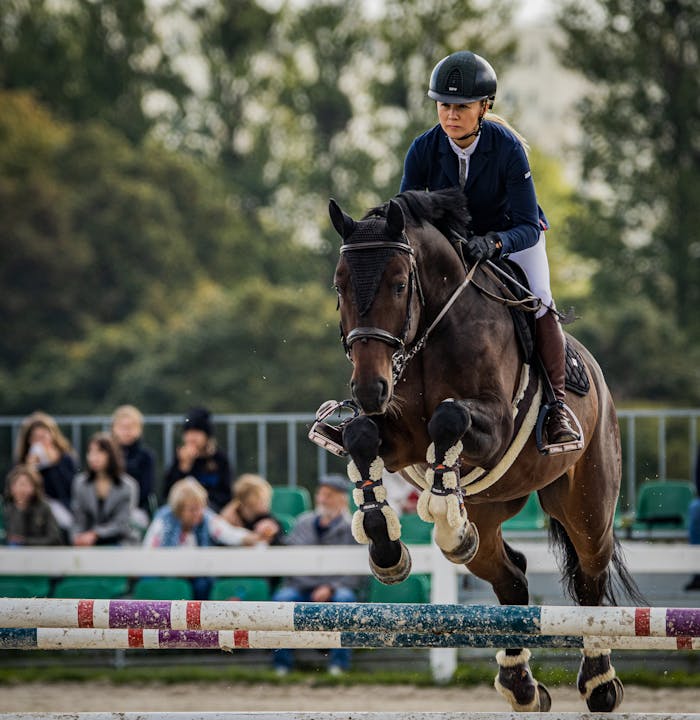A woman and her horse gracefully jump a hurdle during a competitive equestrian event.